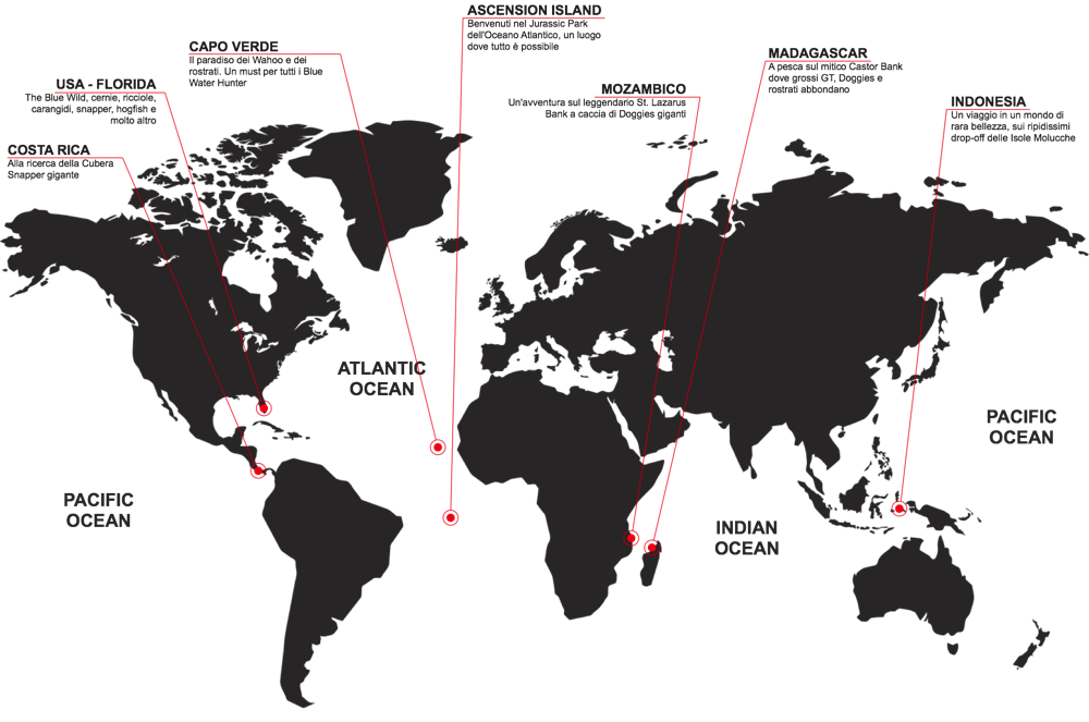 Mappa mondiale delle destinazioni di pesca in apnea proposte da Spearfishing Adventures